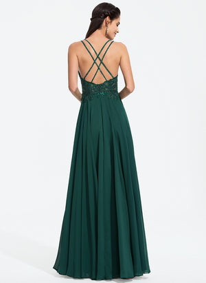 A-line V-Neck Floor-Length Chiffon Prom Dresses With Beading Sequins