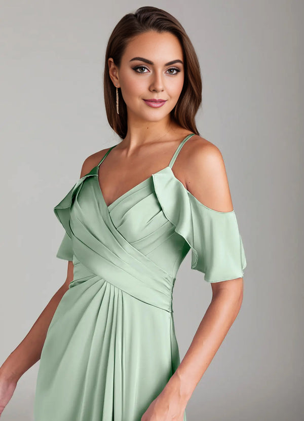 A-line Cold Shoulder Floor-Length Satin Bridesmaid Dress With Ruffle