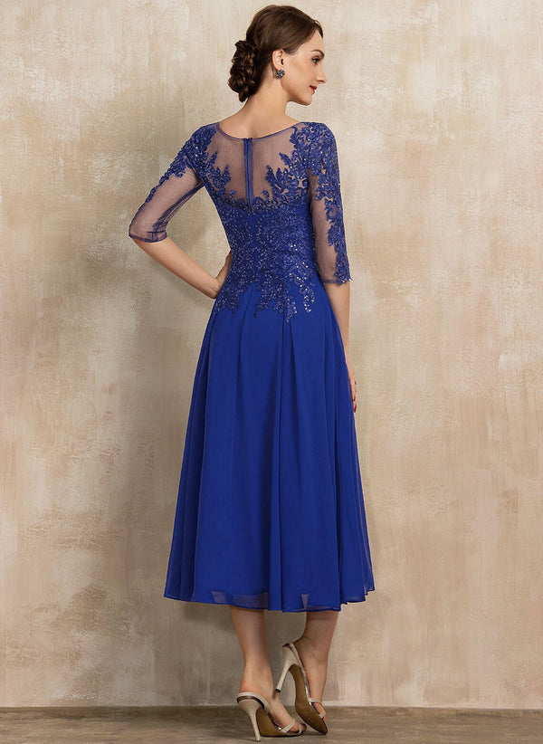 A-line Scoop Illusion Tea-Length Lace Chiffon Mother of the Bride Dress With Sequins