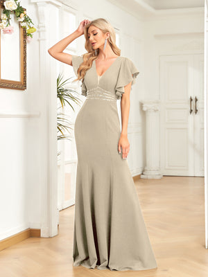 Sheath/Column V-Neck Floor-Length Stretch Crepe Evening Dress With Pleated Sequins Beading