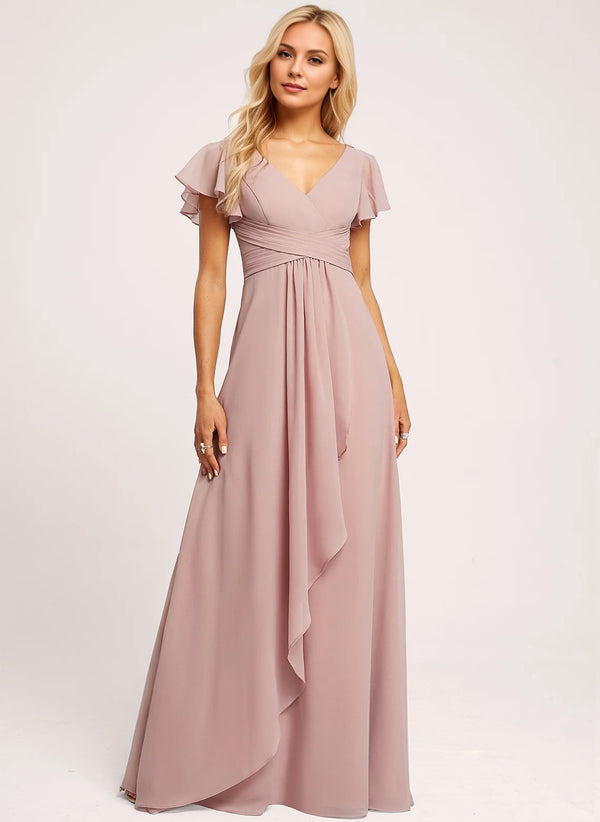 A-line V-Neck Floor-Length Chiffon Bridesmaid Dress With Ruffle