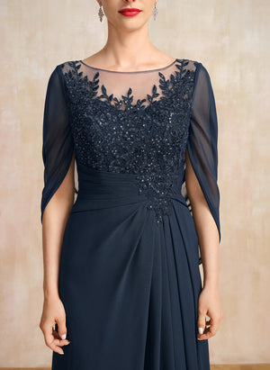 A-line Scoop Illusion Floor-Length Lace Chiffon Mother of the Bride Dress With Sequins Pleated