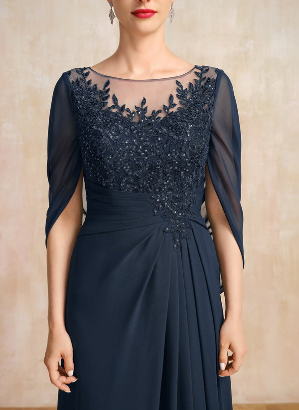 A-line Scoop Illusion Floor-Length Lace Chiffon Mother of the Bride Dress With Sequins Pleated