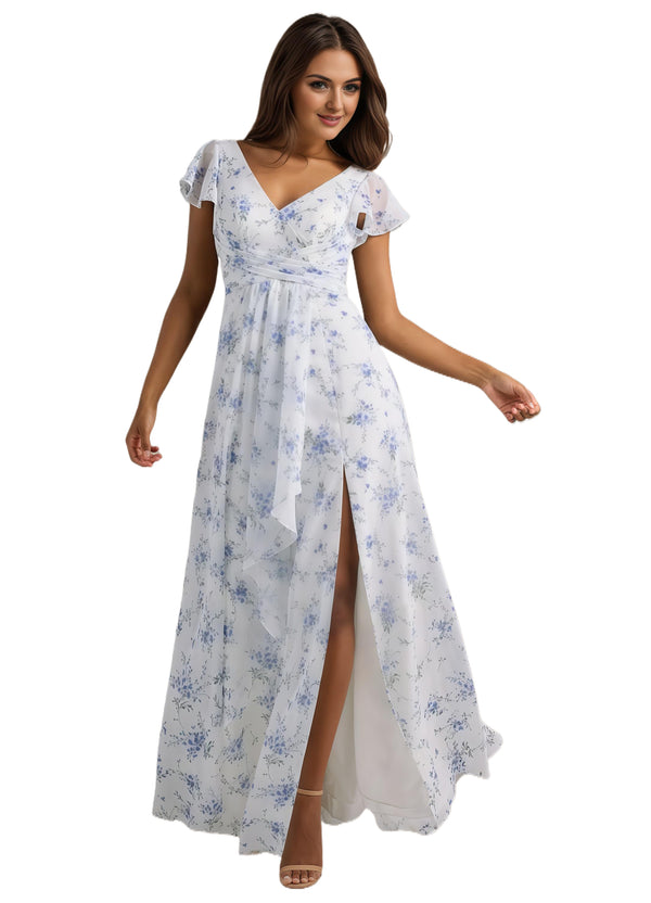 A-line V-Neck Floor-Length Chiffon Bridesmaid Dress With Ruffle
