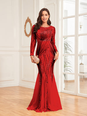 Scoop Sequin Tulle Mermaid/Trumpet Long Sleevess Sweep Train Empire Waist Prom Dress