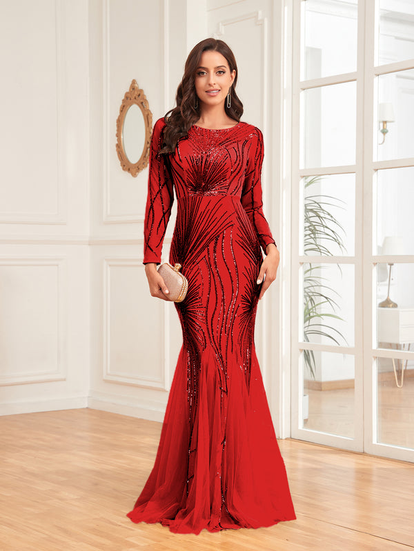 Scoop Sequin Tulle Mermaid/Trumpet Long Sleevess Sweep Train Empire Waist Prom Dress