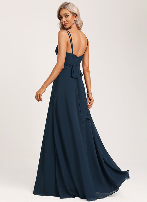 A-line V-Neck Floor-Length Chiffon Bridesmaid Dress with Ruffle