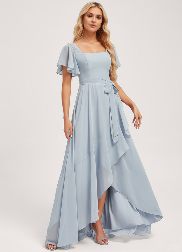 A-line Square-Neck Floor-Length Chiffon Bridesmaid Dress With Ruffle
