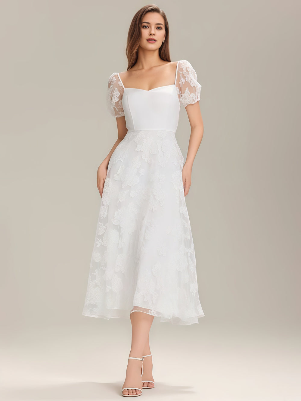 Square Puff Sleeve A-line Chiffon Jacquard Midi Dress