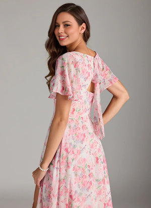A-line V-Neck Floor-Length Chiffon Floral Bridesmaid Dress