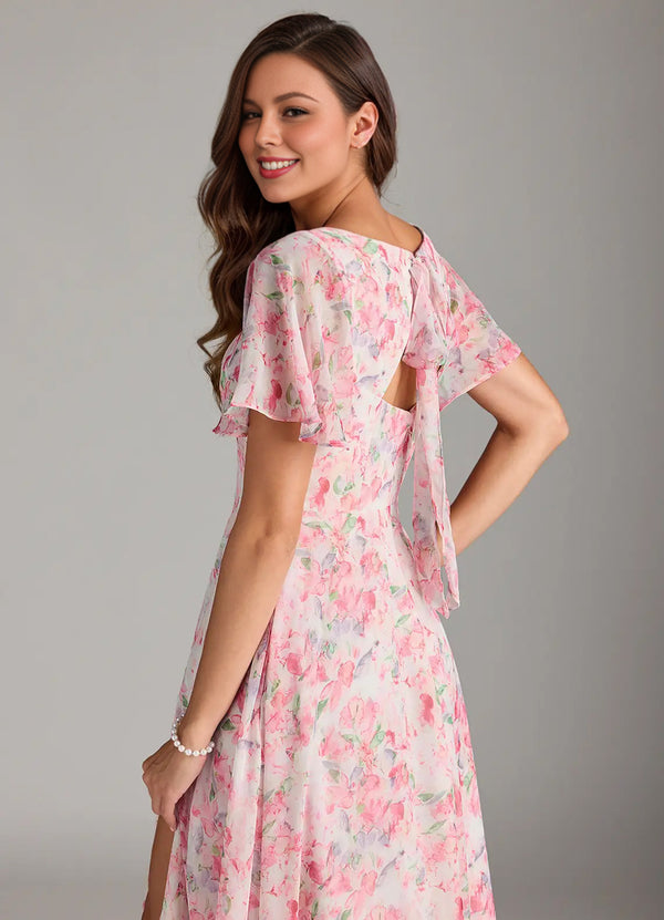 A-line V-Neck Floor-Length Chiffon Floral Bridesmaid Dress