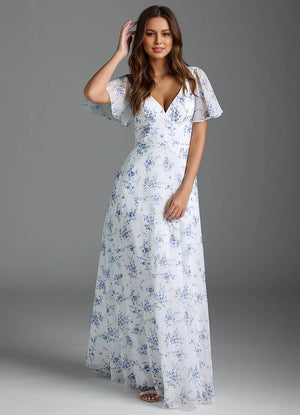 A-line V-Neck Floor-Length Chiffon Floral Bridesmaid Dress