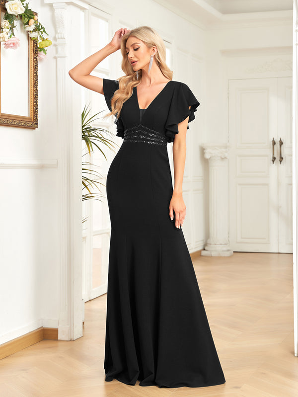 Sheath/Column V-Neck Floor-Length Stretch Crepe Evening Dress With Pleated Sequins Beading