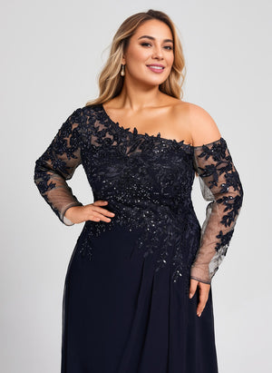 Trumpet/Mermaid Asymmetrical Illusion Floor-Length Lace Chiffon Evening Dress With Sequins