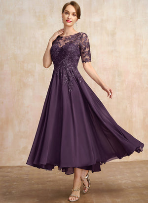 A-line Scoop Illusion Asymmetrical Lace Chiffon Mother of the Bride Dress With Sequins
