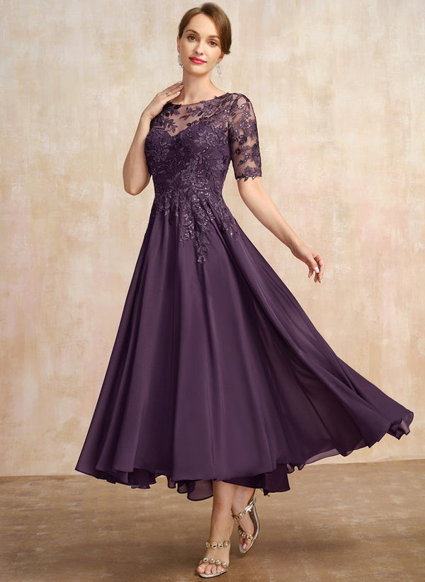 A-line Scoop Illusion Asymmetrical Lace Chiffon Mother of the Bride Dress With Sequins
