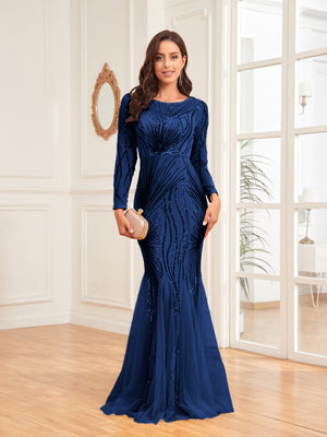 Scoop Sequin Tulle Mermaid/Trumpet Long Sleevess Sweep Train Empire Waist Prom Dress