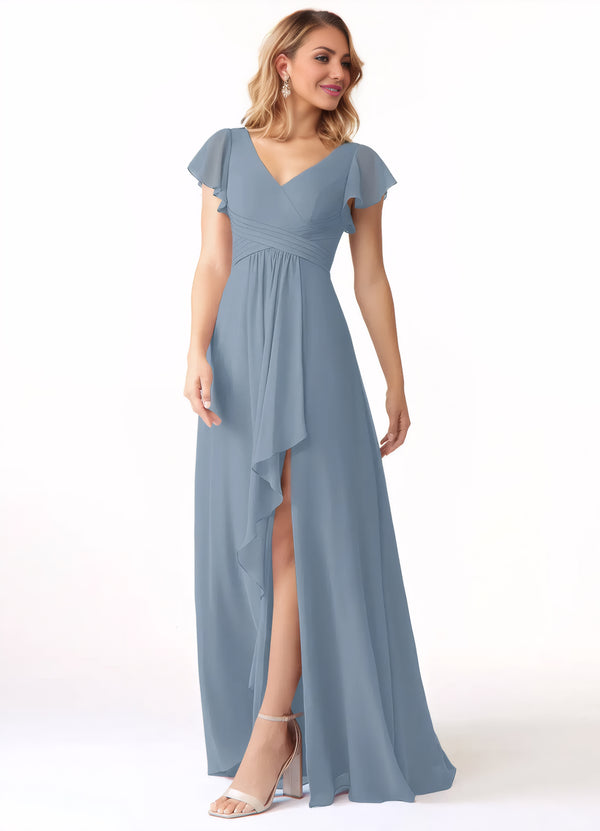 A-line V-Neck Floor-Length Chiffon Bridesmaid Dress With Ruffle