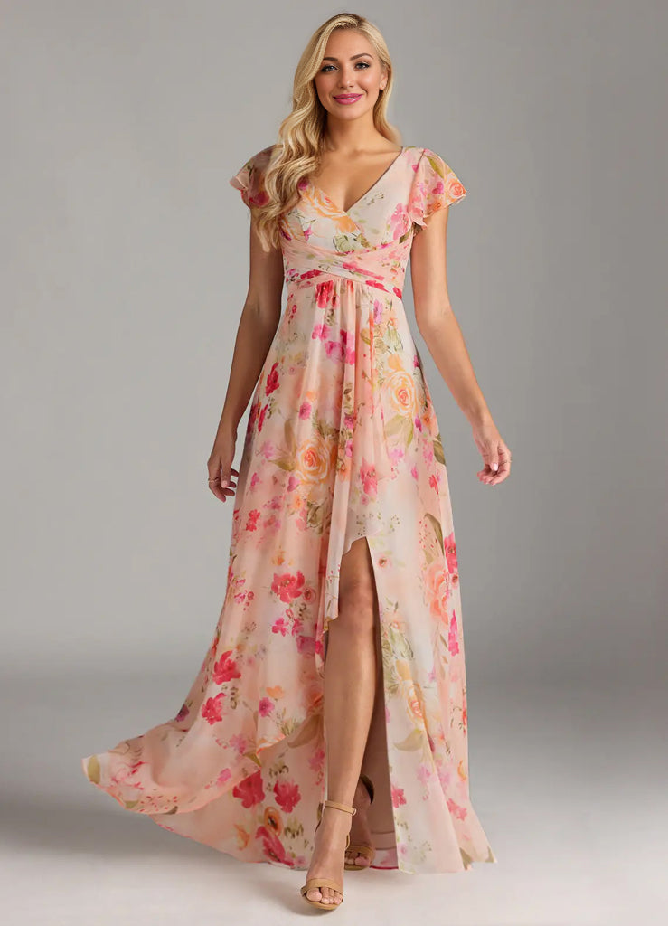 A-line V-Neck Floor-Length Chiffon Bridesmaid Dress With Ruffle