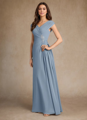 A-line V-Neck Floor-Length Chiffon Mother of the Bride Dress With Pleated Sequins