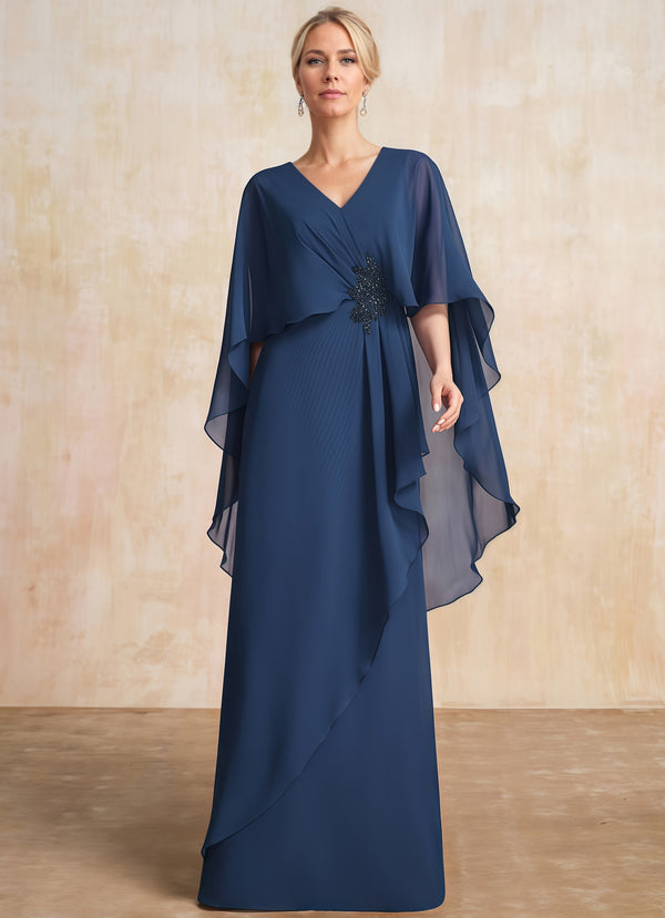 A-line V-Neck Floor-Length Chiffon Mother of the Bride Dress With Cascading Ruffles Beading
