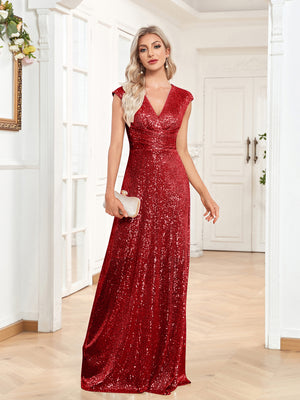 Sequin V-Neck Sleeveless A-Line Floor Length Prom/Evening Dress