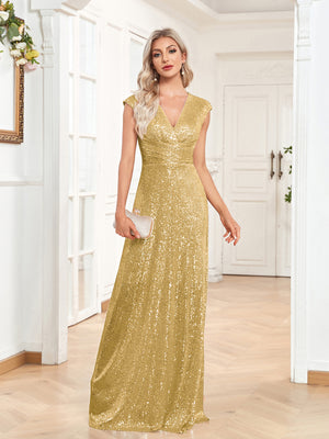 Sequin V-Neck Sleeveless A-Line Floor Length Prom/Evening Dress