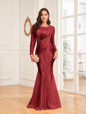 Scoop Sequin Tulle Mermaid/Trumpet Long Sleevess Sweep Train Empire Waist Prom Dress