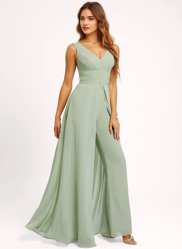 Jumpsuits V-Neck Floor-Length Chiffon Bridesmaid Dress With Ruffle