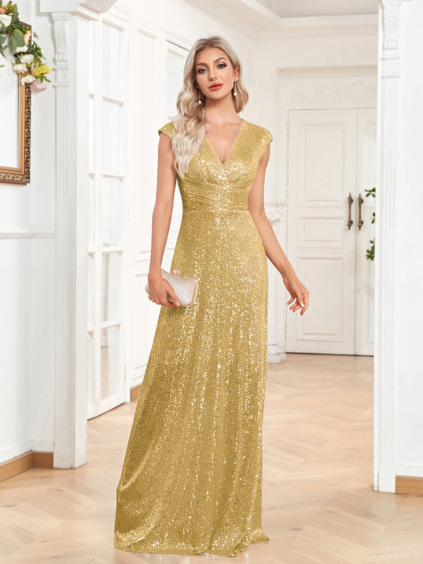 Sequin V-Neck Sleeveless A-Line Floor Length Prom/Evening Dress