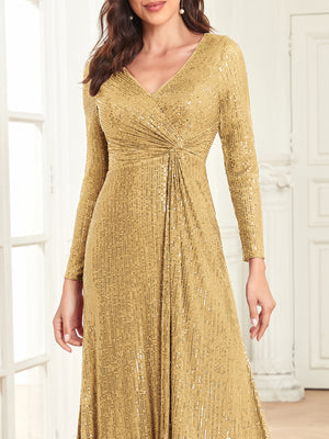 Sequin V-Neck Long Sleeves A-Line Floor Length Prom/Evening Dress