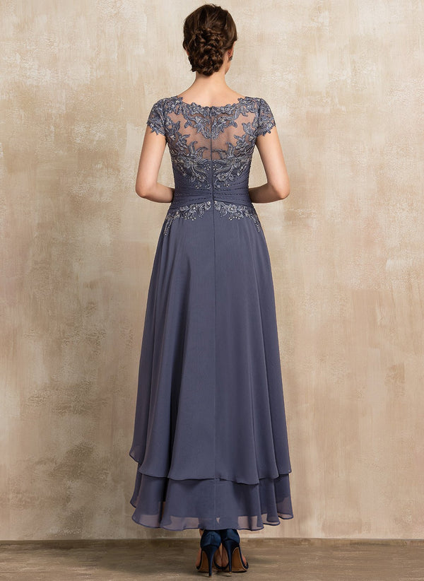A-line Scoop Illusion Asymmetrical Chiffon Lace Mother of the Bride Dress With Beading