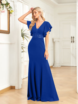 Sheath/Column V-Neck Floor-Length Stretch Crepe Evening Dress With Pleated Sequins Beading