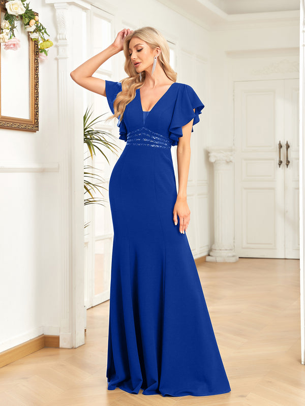 Sheath/Column V-Neck Floor-Length Stretch Crepe Evening Dress With Pleated Sequins Beading
