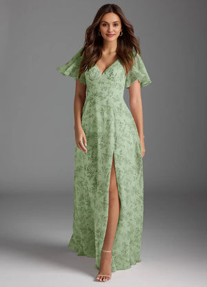 A-line V-Neck Floor-Length Chiffon Floral Bridesmaid Dress