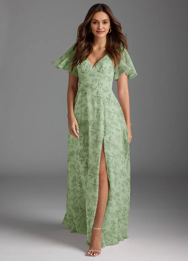 A-line V-Neck Floor-Length Chiffon Floral Bridesmaid Dress