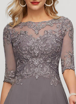 A-line Illusion Boat Neck Asymmetrical Chiffon Lace Mother of the Bride Dress With Sequins Beading