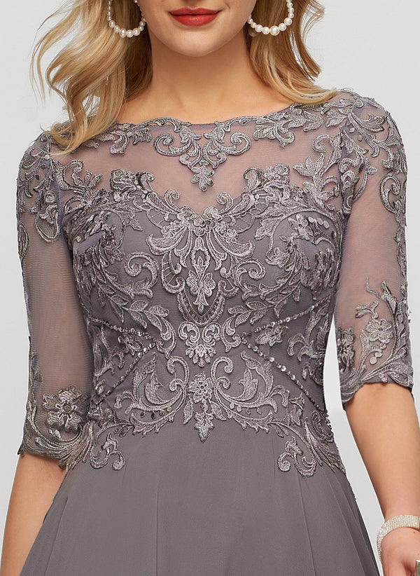 A-line Illusion Boat Neck Asymmetrical Chiffon Lace Mother of the Bride Dress With Sequins Beading