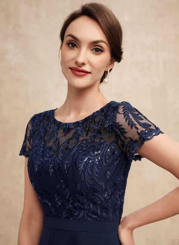A-line Scoop Illusion Asymmetrical Chiffon Lace Mother of the Bride Dress With Ruffle Sequins Bow