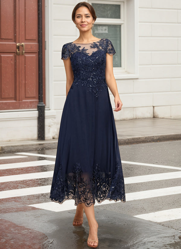 A-line Scoop Illusion Tea-Length Lace Chiffon Mother of the Bride Dress With Sequins