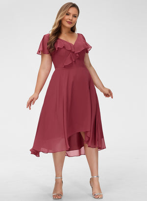 A-line V-Neck Asymmetrical Chiffon Bridesmaid Dress With Ruffle