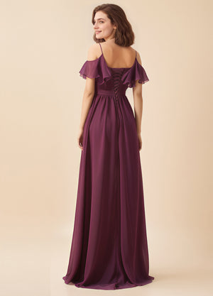 A-line Cold Shoulder Floor-Length Chiffon Bridesmaid Dress With Ruffle