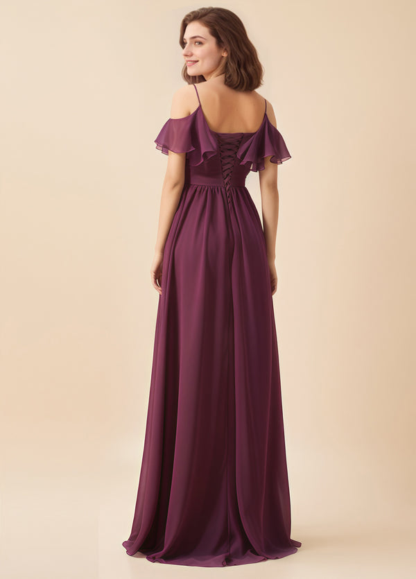 A-line Cold Shoulder Floor-Length Chiffon Bridesmaid Dress With Ruffle