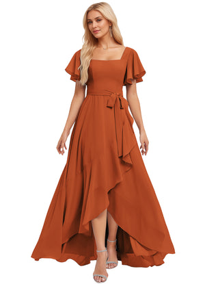 A-line Square-Neck Floor-Length Chiffon Bridesmaid Dress With Ruffle