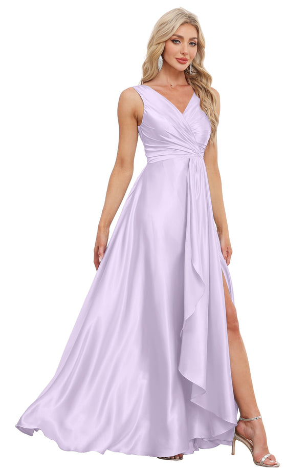 A-line V-Neck Floor-Length Satin Bridesmaid Dress