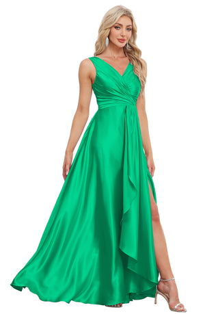 A-line V-Neck Floor-Length Satin Bridesmaid Dress