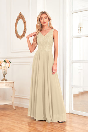 Sleeveless A-Line Floor Length Chiffon Lace V-Neck Bridesmaid Dress