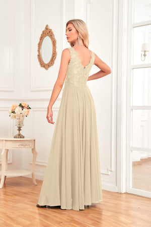 Sleeveless A-Line Floor Length Chiffon Lace V-Neck Bridesmaid Dress