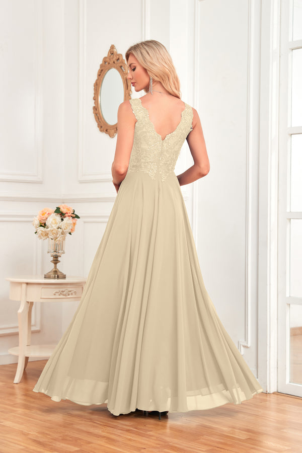 Sleeveless A-Line Floor Length Chiffon Lace V-Neck Bridesmaid Dress