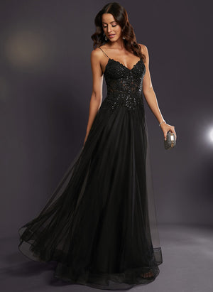 A-line V-Neck Floor-Length Tulle Prom Dresses